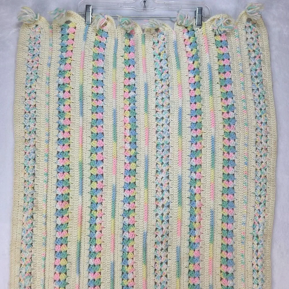 Vintage Handmade Crochet Afghan Blanket 45x25 Pastel Striped‎ Granny Pattern